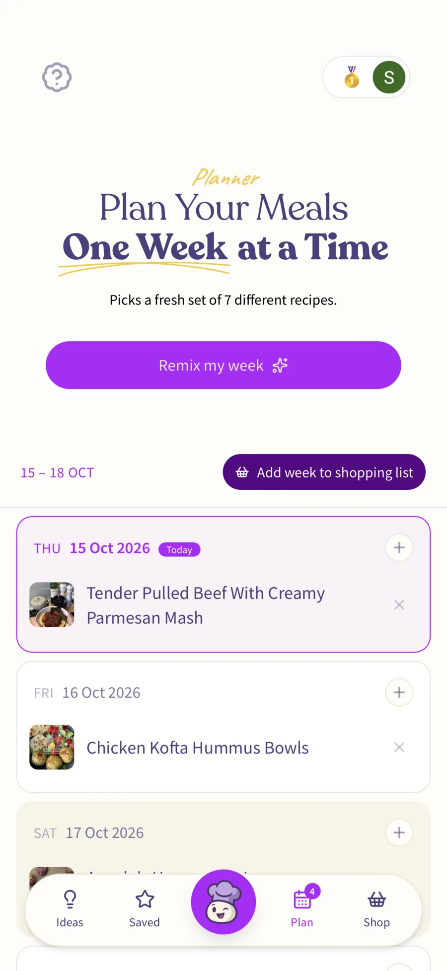 The YoHugo weekly meal planner, with a different recipe set for each day