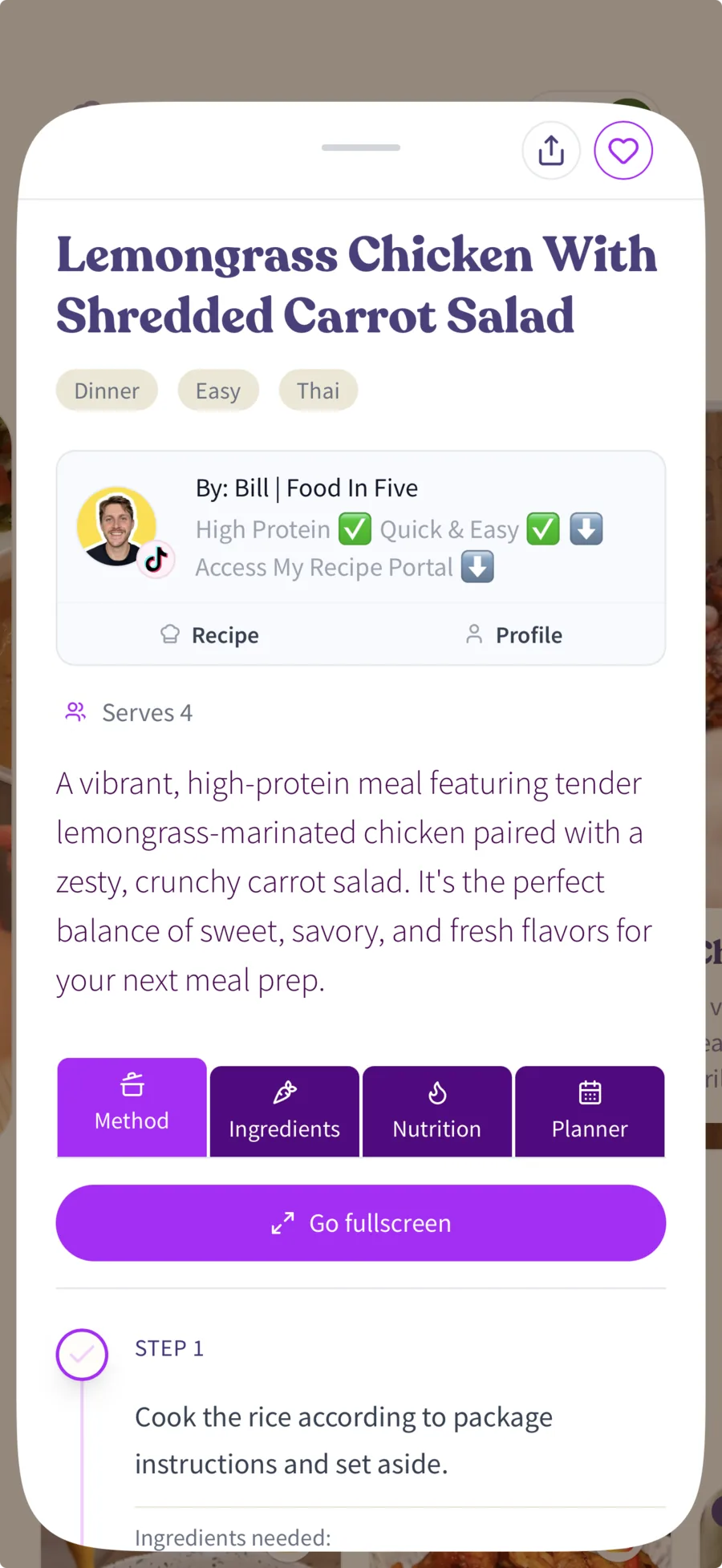 A recipe saved in YoHugo, showing the creator it came from, servings and method